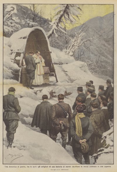 Una domenica di guerra, fra le nevi, gli artiglieri di una batteria di mortai ascoltano la messa da Achille Beltrame